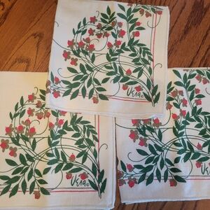 Vera Neumann Vintage Linen (?) Napkins (3) ~ Red Flowers Green Foliage ~ Pretty!
